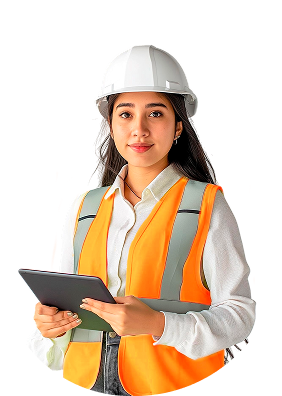 Asesora Pro Business con chaleco y casco